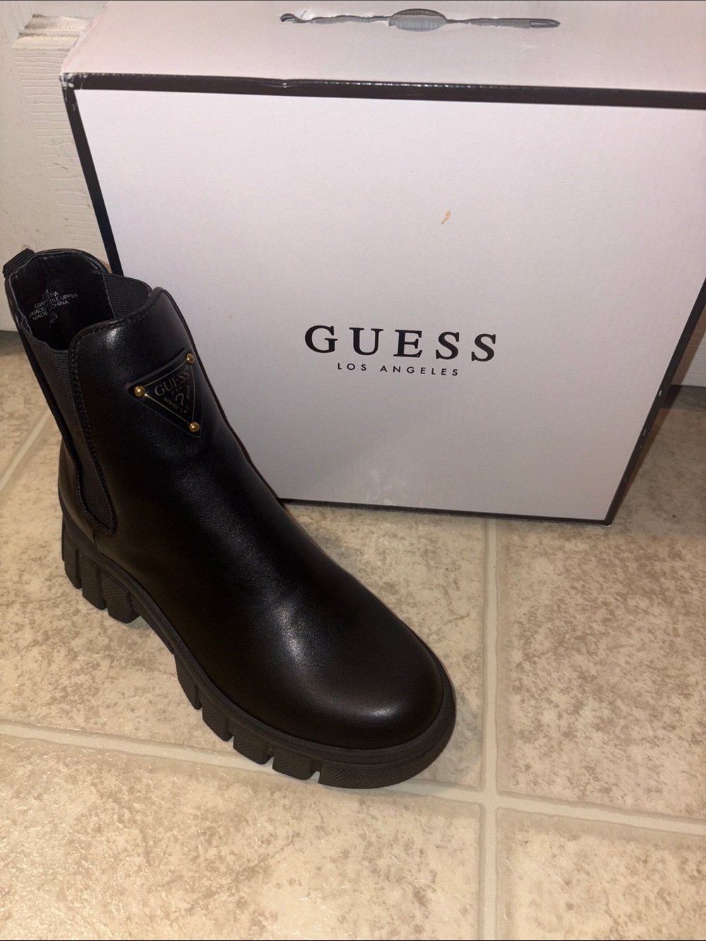 GUESS Black Chunky Chelsea Boot with Logo Plaque